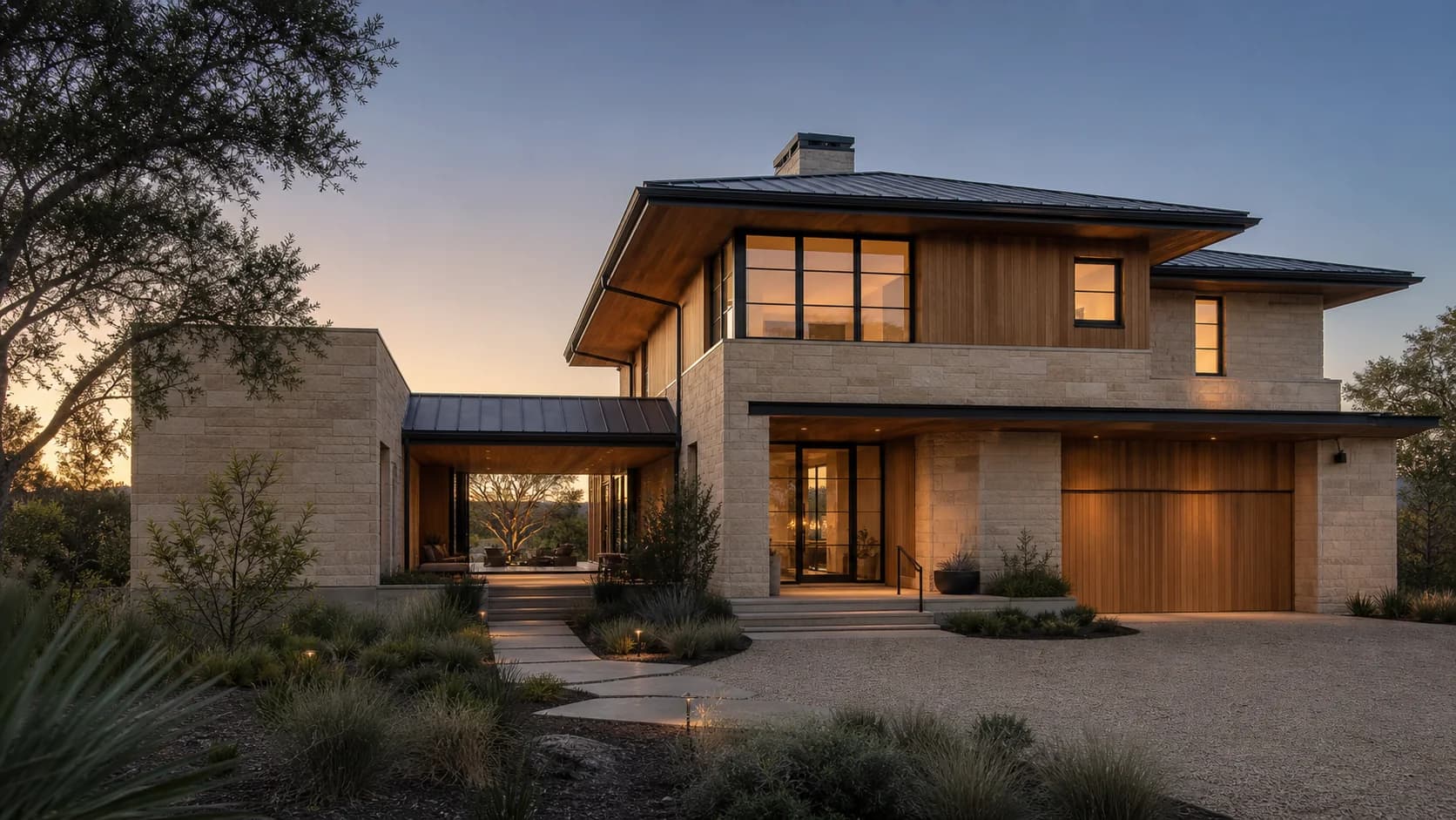 Original concept image of a warm limestone and timber American custom home organized around a protected courtyard